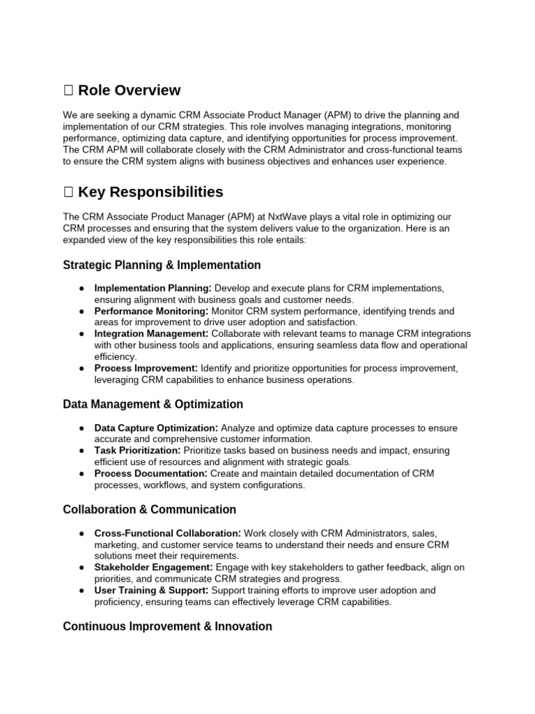 CRM Associate Product Manager Role | PDF | Customer Relationship ...