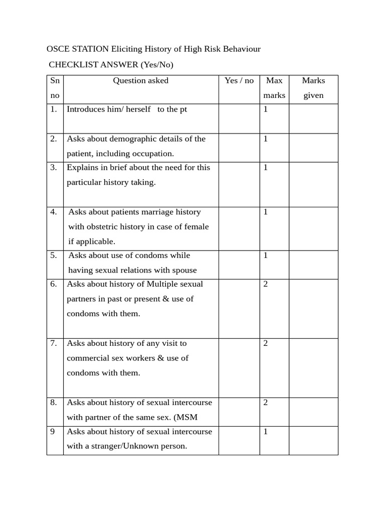 OSCE STATION Eliciting History of High Risk Behaviour | PDF