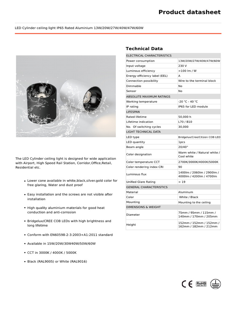 IP65 LED Cylinder Ceiling Light Specs | PDF | Light Emitting Diode ...