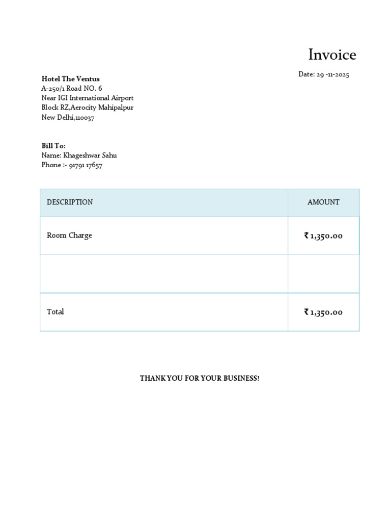 Hotel Ventus Invoice - ₹1,350.00 | PDF