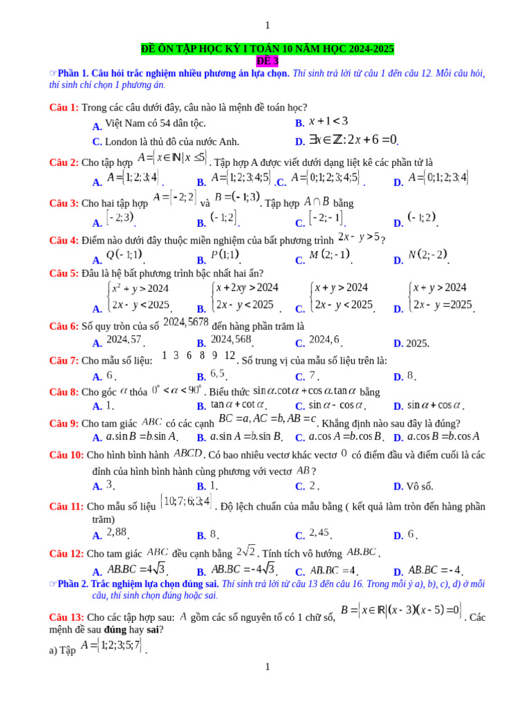 De On Tap HK1 Toan 10 KNTT de 3 | PDF