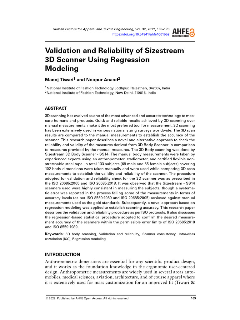 Validation and Reliability of Sizestream 3D Scanner Using Regression ...
