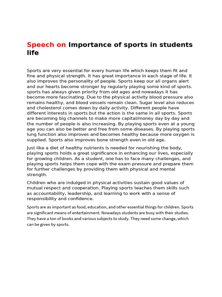 Speech On Importance of Sports in Students Life | PDF | Sports | Blood