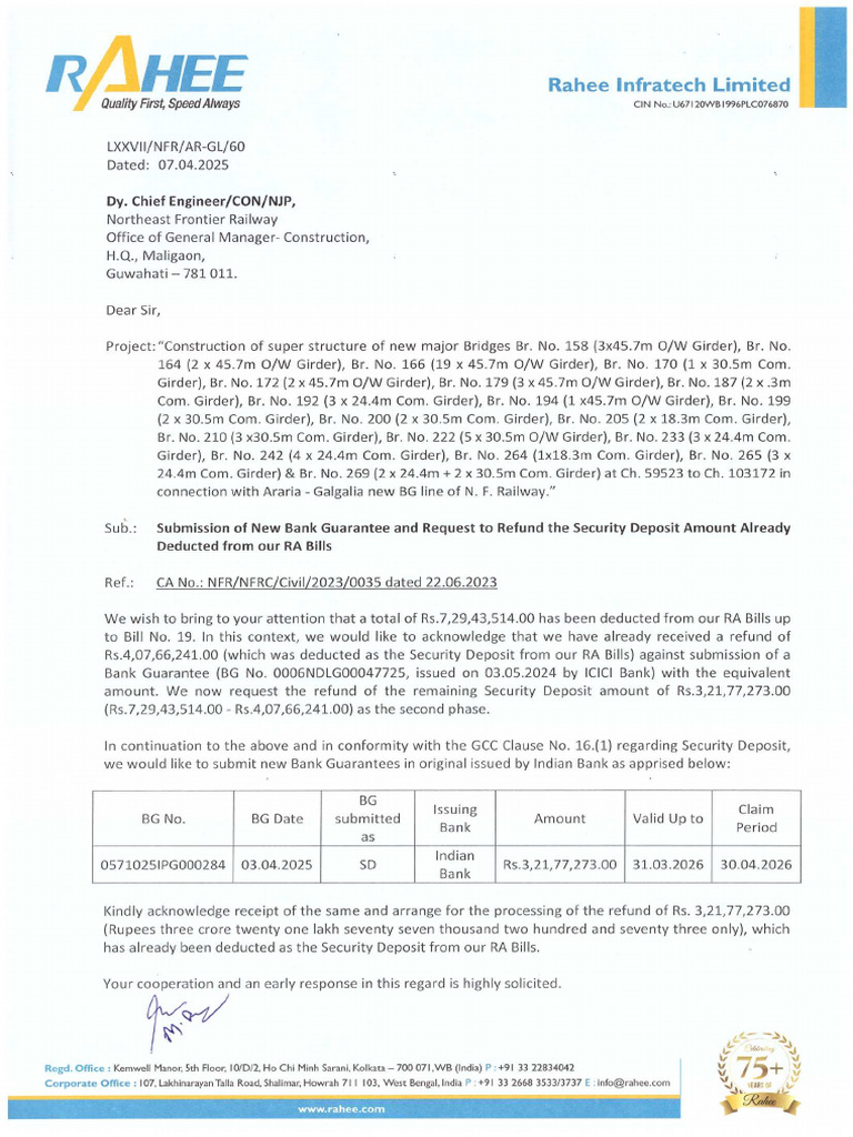Submission of New Bank Guarantees and Request To Release The Security ...