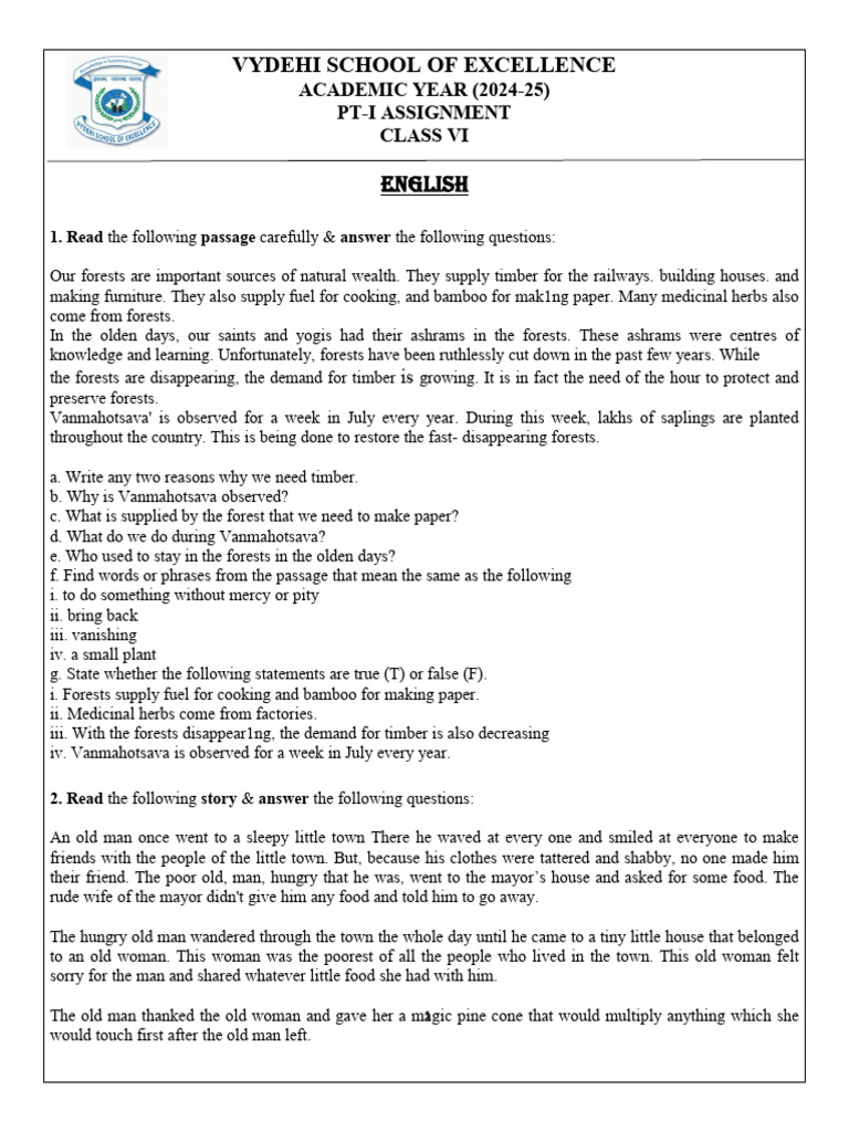 Class VI English Assignment 2024-25 | PDF | Solar System | Mars