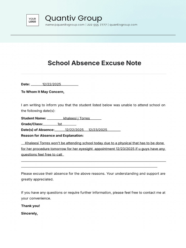 Printable School Absence Excuse Note Template | PDF