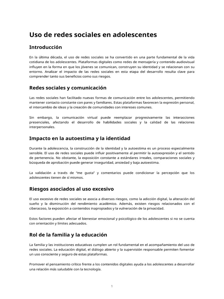 Impacto de Redes Sociales en Adolescentes | PDF | Adolescencia | Autoestima