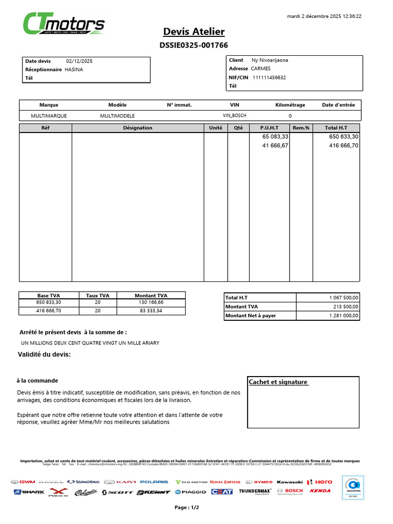 Devis et Conditions de Vente CT Motors | PDF | Facture