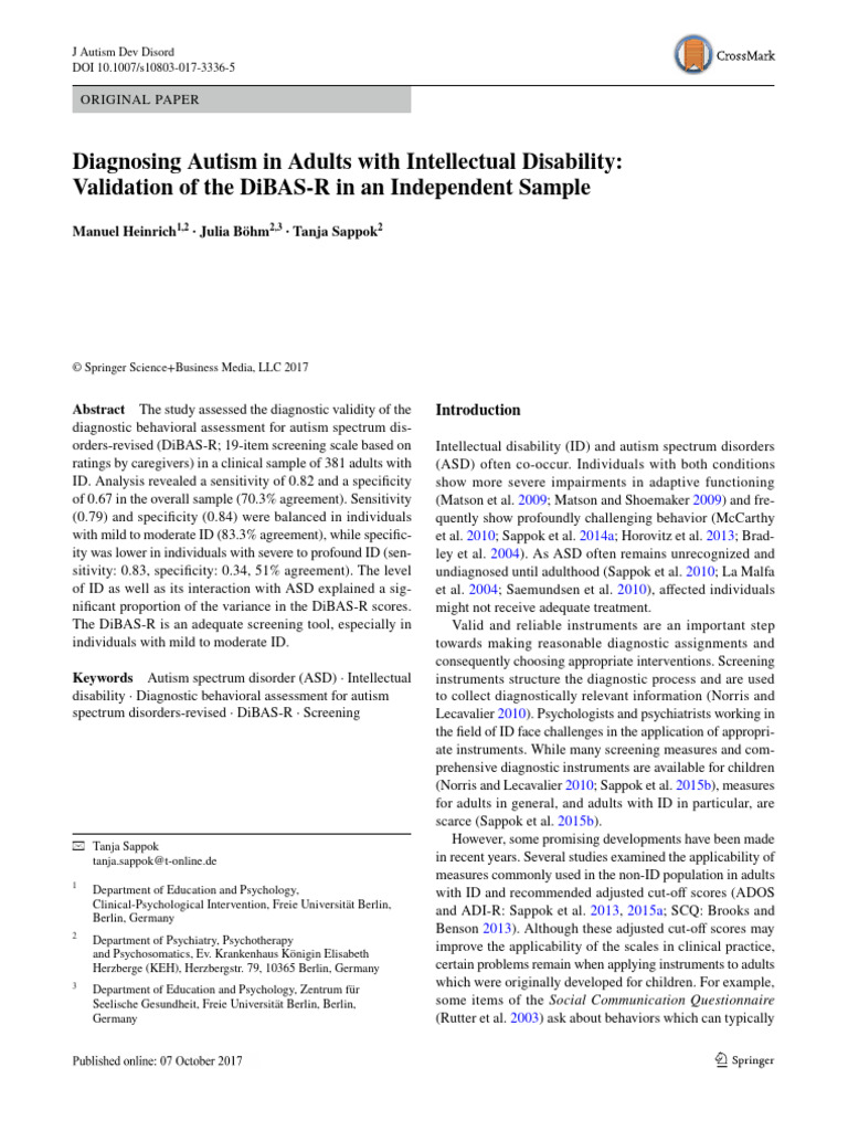 DiBAS-R: Autism Diagnosis in Adults with ID | PDF | Autism ...