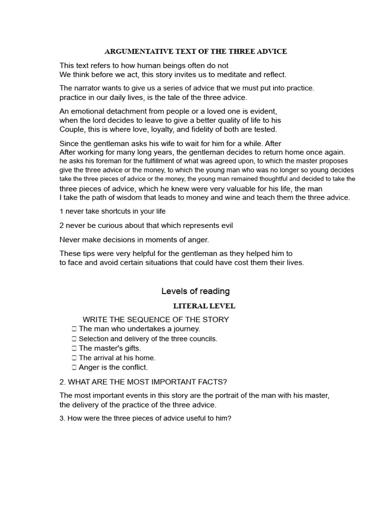 ARGUMENTATIVE TEXT OF THE THREE PIECES OF ADVICE | PDF | Behavioural ...