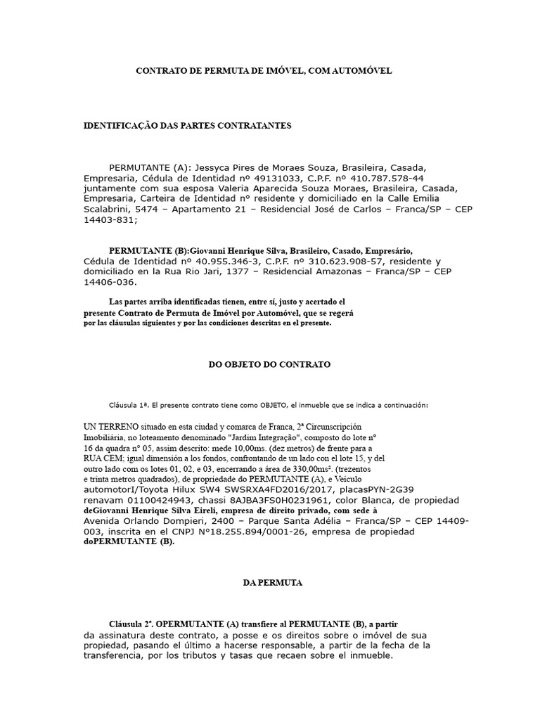 Contrato de Permuta de Inmueble | PDF | Toyota
