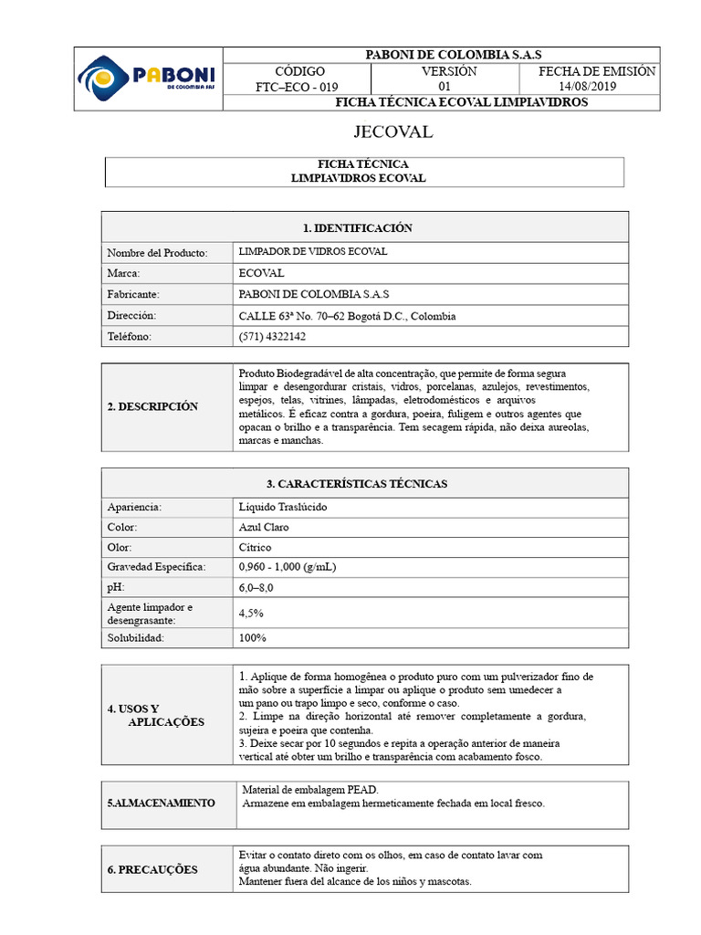 Ficha Técnica do Limpador de Vidros ECOVAL | PDF