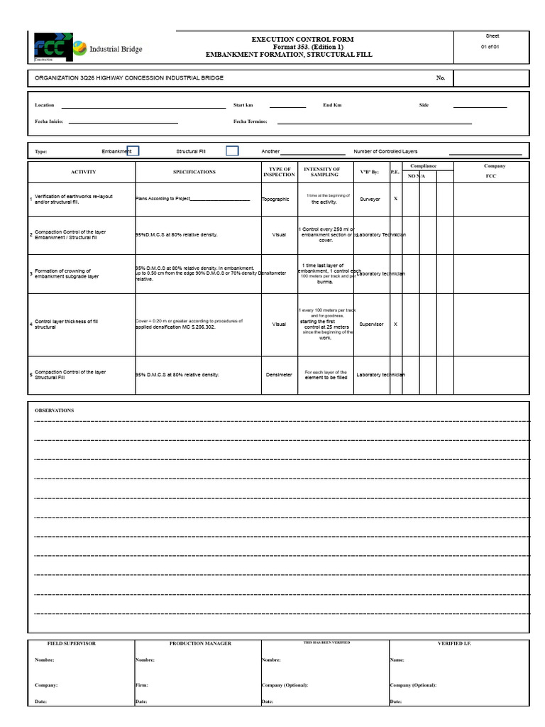 Embankment and Structural Fill Control Form | PDF