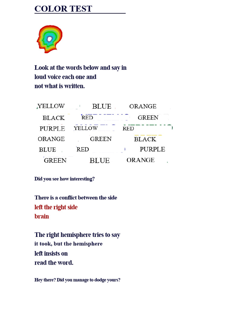 Color Test: Brain Hemisphere Challenge | PDF