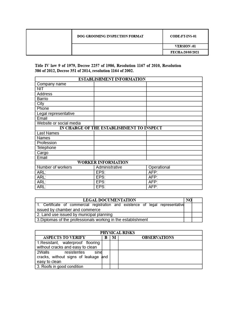 Dog Grooming Inspection Checklist | PDF | Water | Firefighting