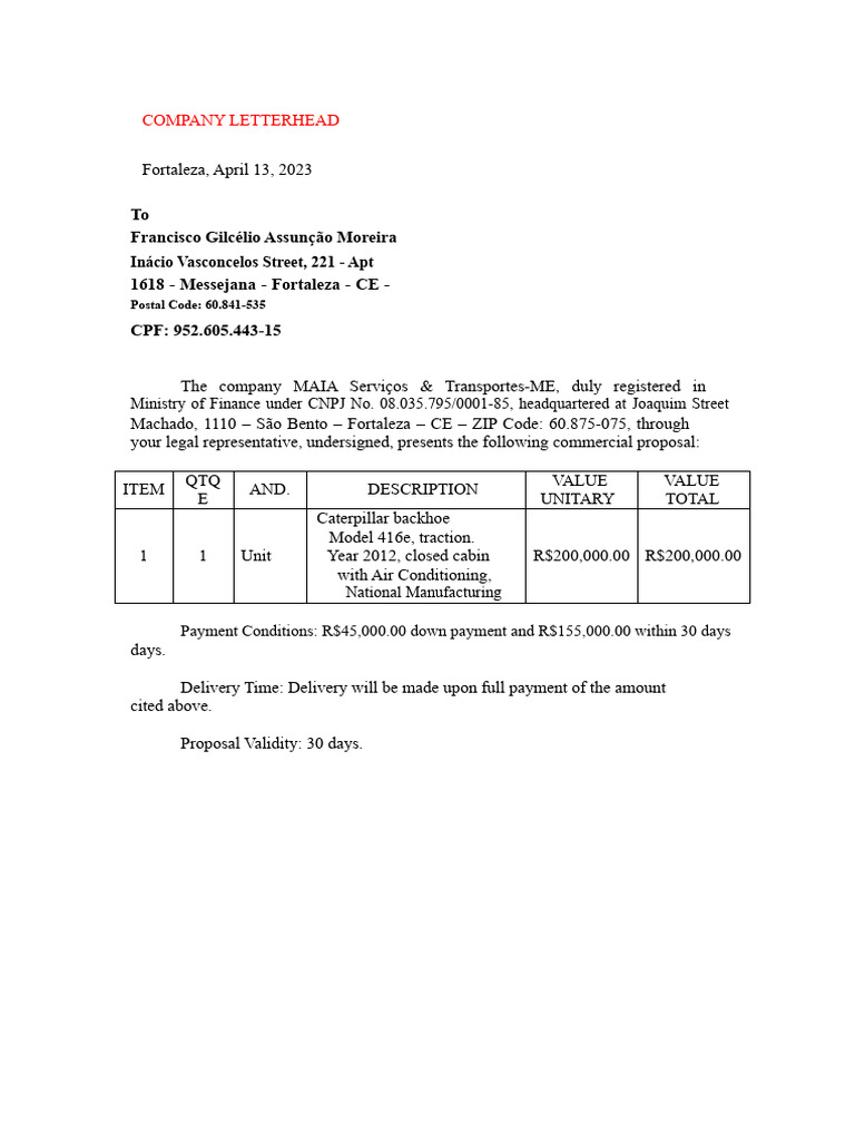 Commercial Proposal for Caterpillar Backhoe | PDF