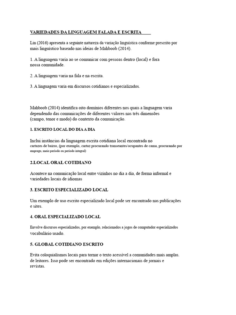 Variedades da Linguagem Falada e Escrita | PDF