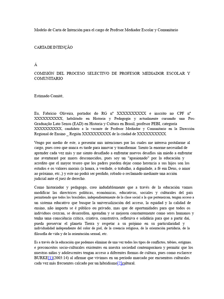 Carta de Intención: Profesor Mediador Escolar | PDF | Maestros | Escuelas