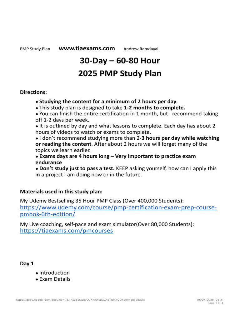 30-Day PMP Study Plan for 2025 | PDF | Project Management Professional ...