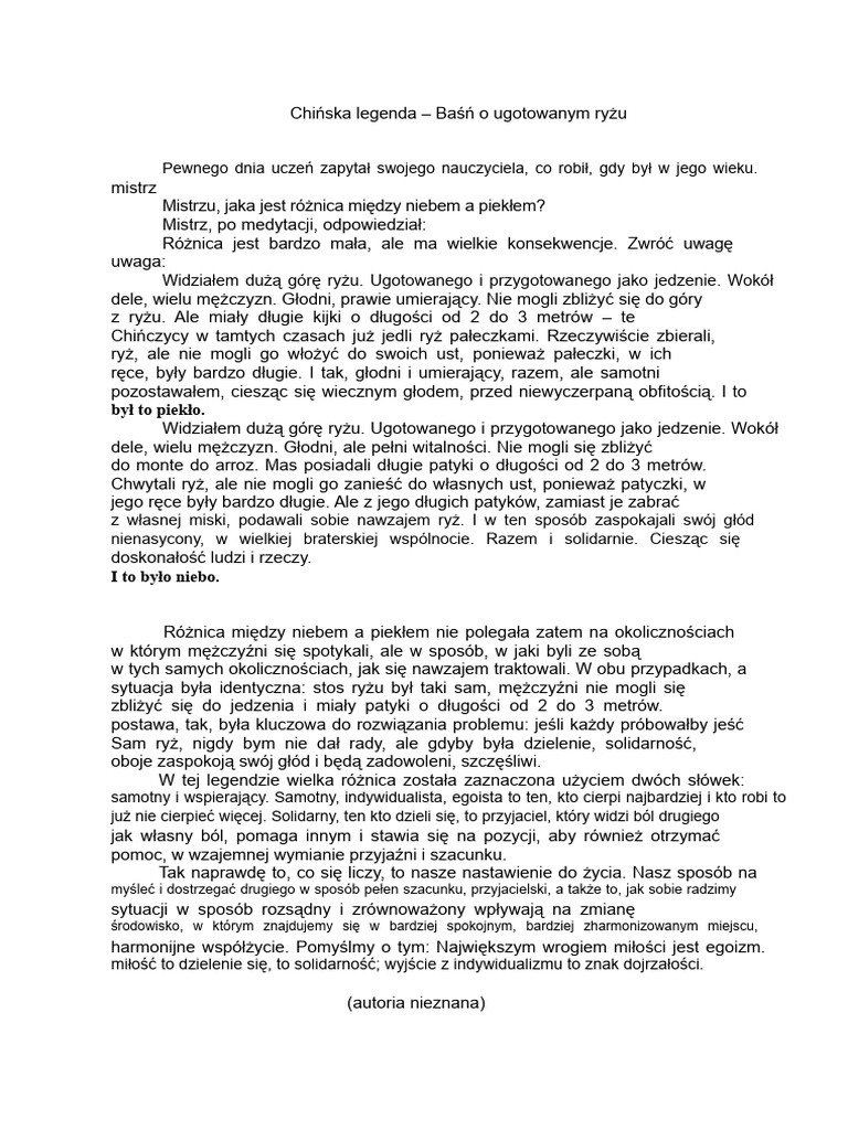 Chińska Legenda - Bajka o Ugotowanym Ryżu | PDF