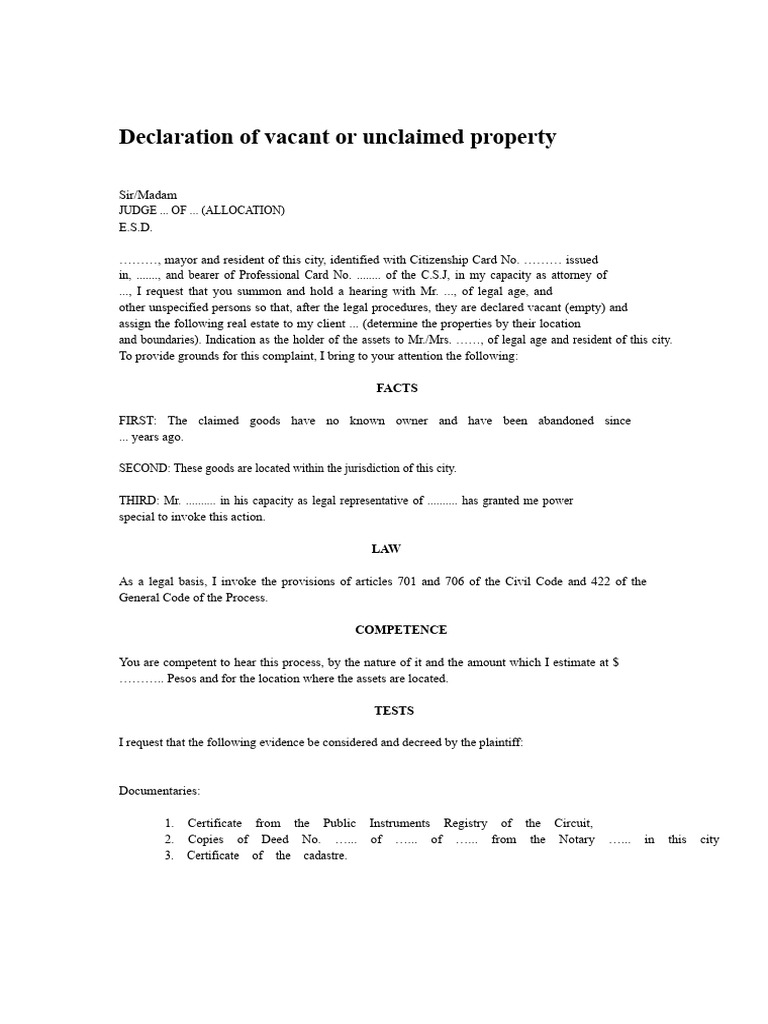 Declaration of Vacant Property Ownership | PDF | Lawyer | Complaint
