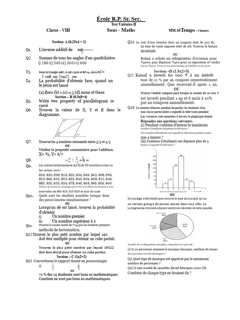 Test de Maths pour Classe VIII - Unitaire II | PDF | Mathématiques ...