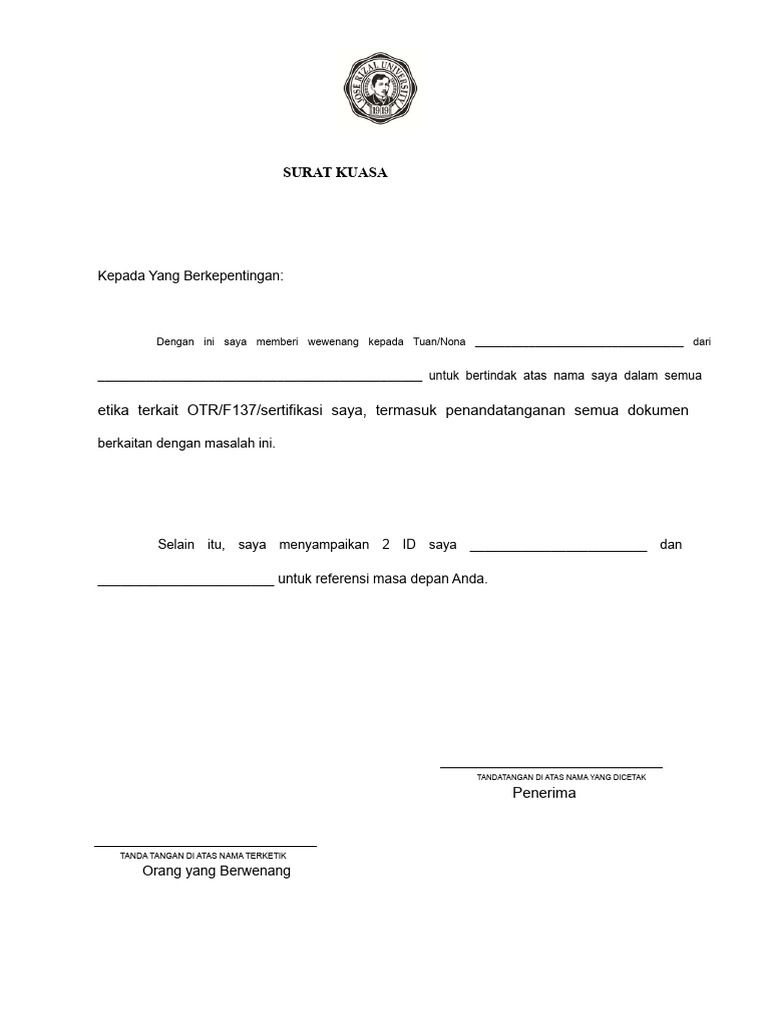 Surat Kuasa untuk Sertifikasi OTR/F137 | PDF