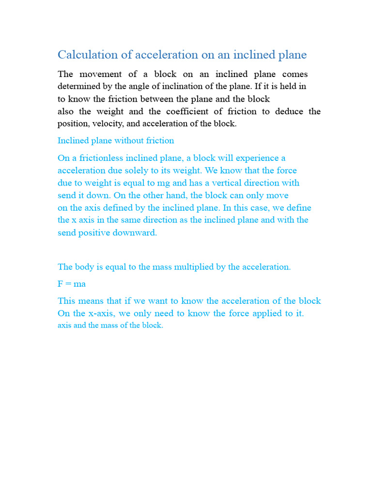Acceleration on Inclined Plane Explained | PDF | Force | Friction