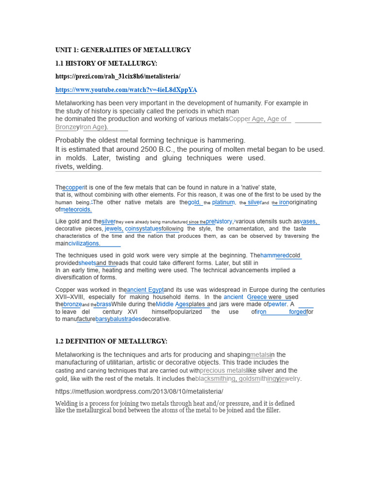 Unit 1: Generalities of Metallurgy 1.1 History of Metallurgy | PDF ...