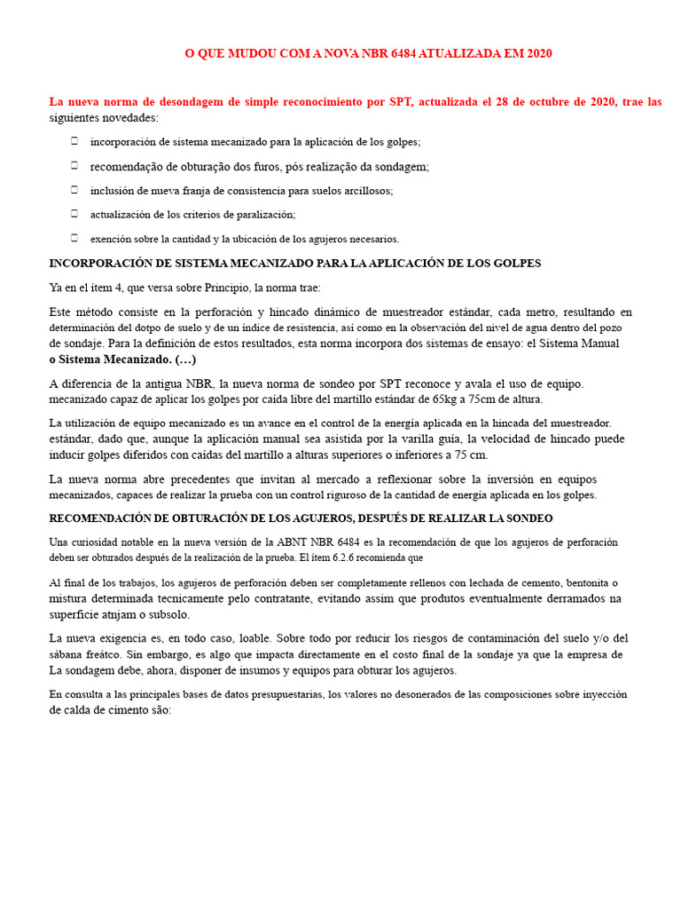 Novedades de la NBR 6484:2020 en Sondajes | PDF