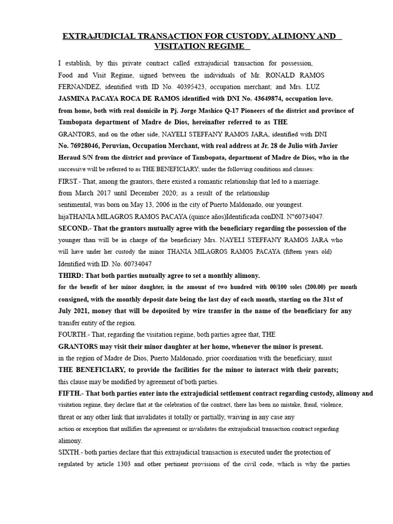 Custody, Alimony & Visitation Agreement | PDF | Common Law | Civil Law ...