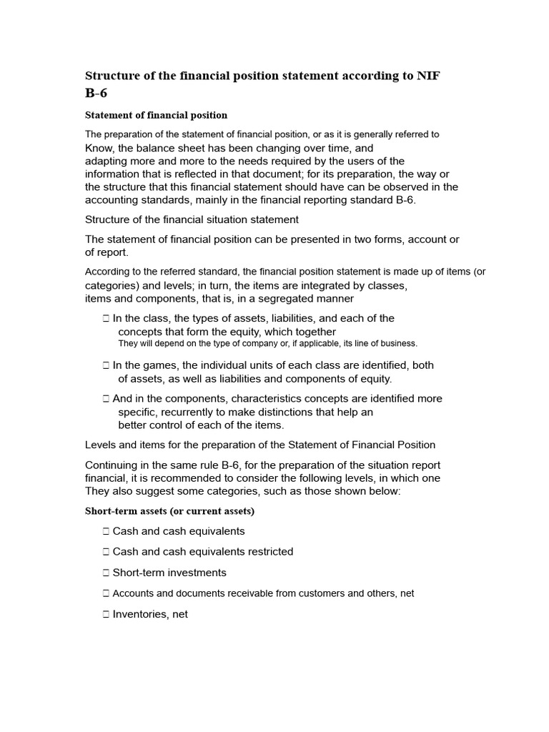 Structure of The Statement of Financial Position According To NIF B6 ...
