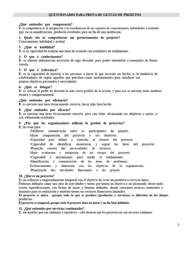 CUESTIONARIO PARA EXAMEN DE GESTIÓN DE PROYECTOS | PDF | Planificación ...