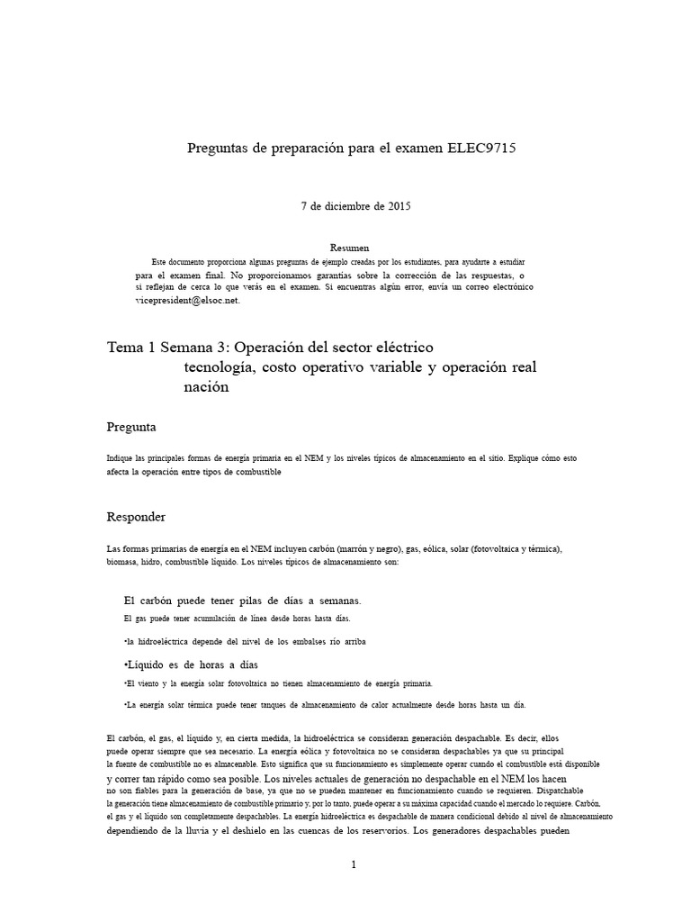 Preguntas de Preparación para El Examen ELEC9715 | PDF | Energía