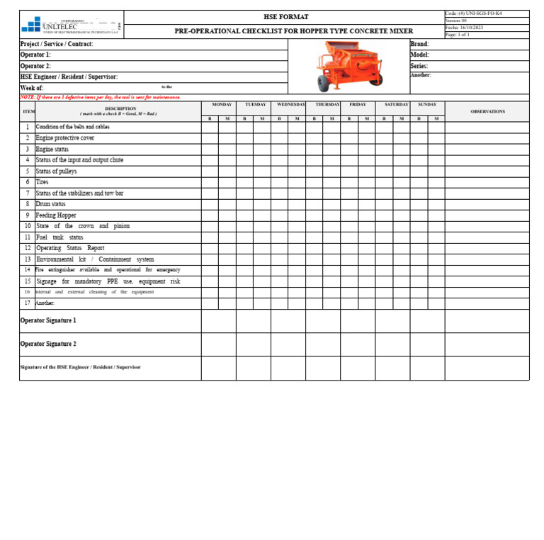 UNI-SGS-FO-K4 Inspection Checklist For Hopper Type Concrete Mixer Ver ...