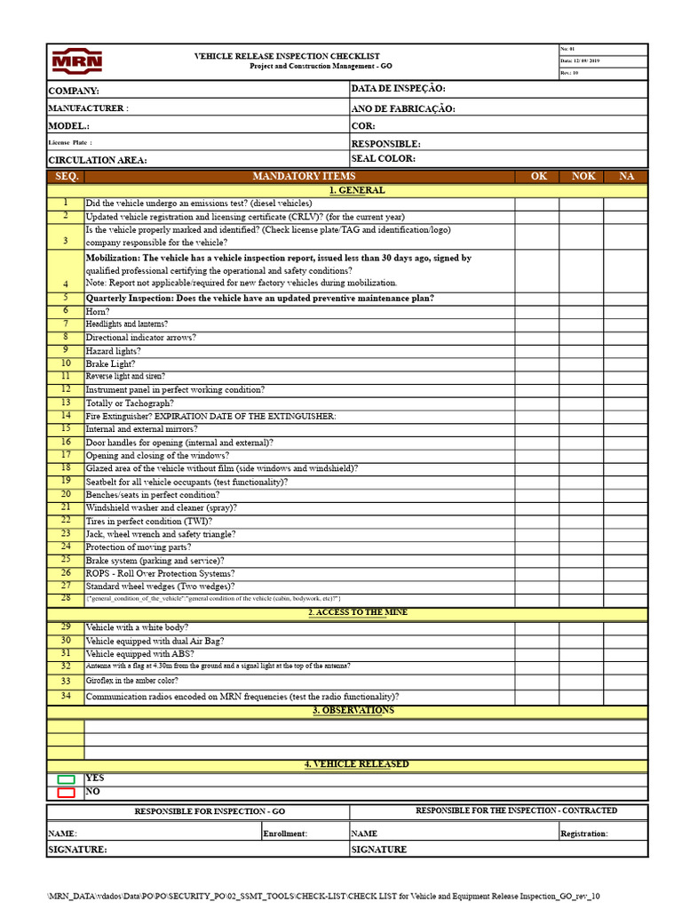 Vehicle Release Inspection Checklist | PDF | Vehicles | Truck