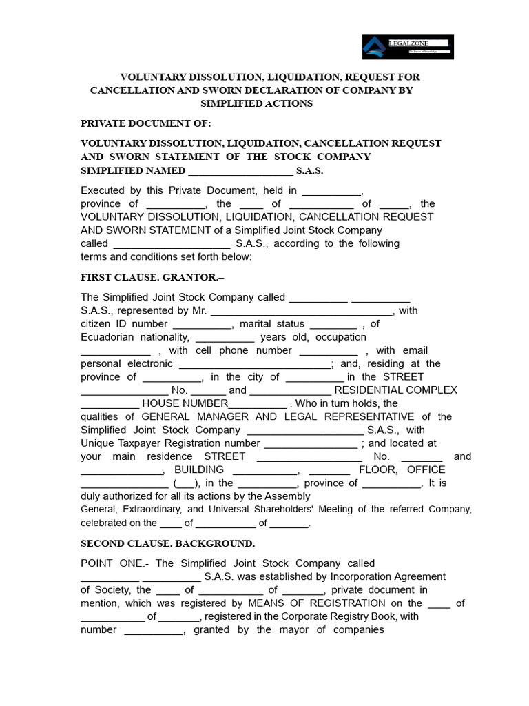 Voluntary Dissolution of S.A.S. Company | PDF | Joint Stock Company ...