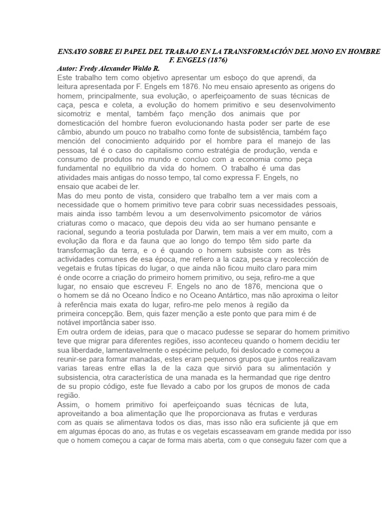 Trabalho e Evolução: Engels em 1876 | PDF | Evolução humana | Caça