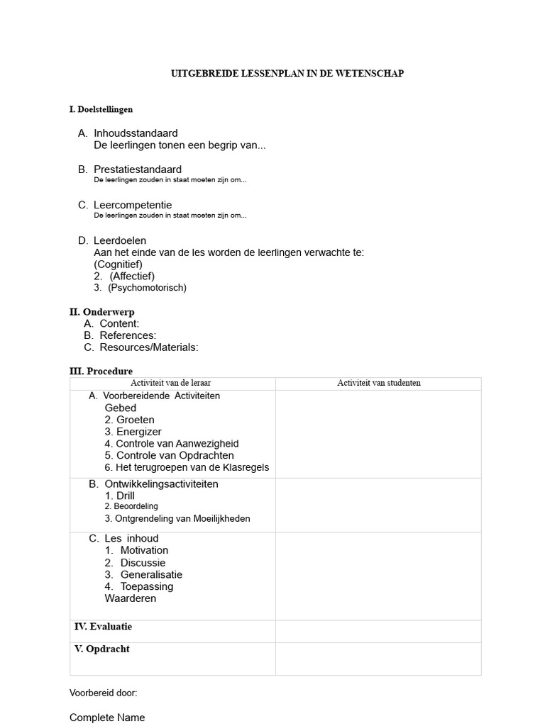 Lesplanformaat Detailleerd Traditioneel | PDF