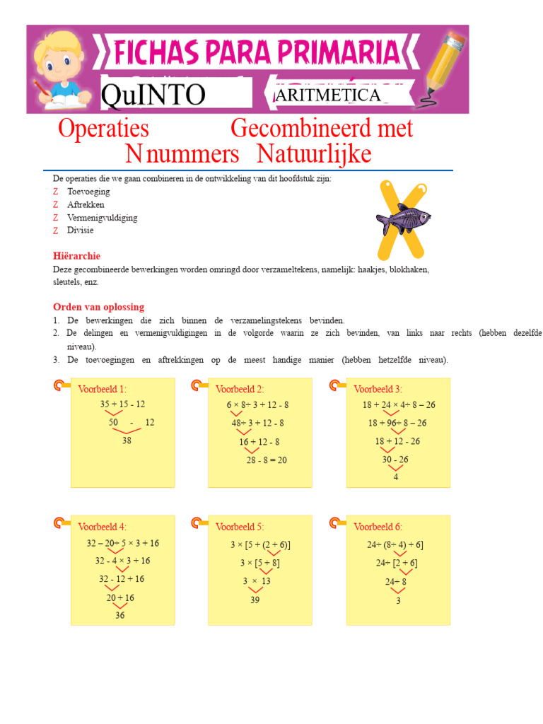 Gecombineerde Operaties Met Natuurlijke Getallen Voor Groep Vijf Van de ...