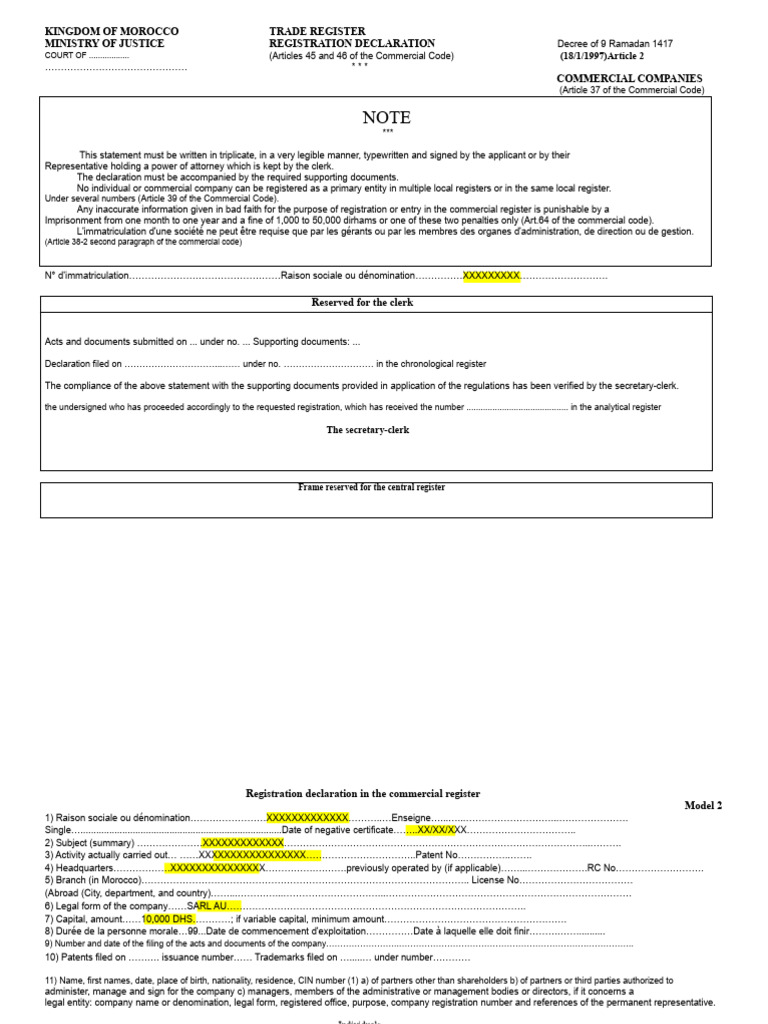 Morocco Commercial Registration Declaration | PDF | Government And ...