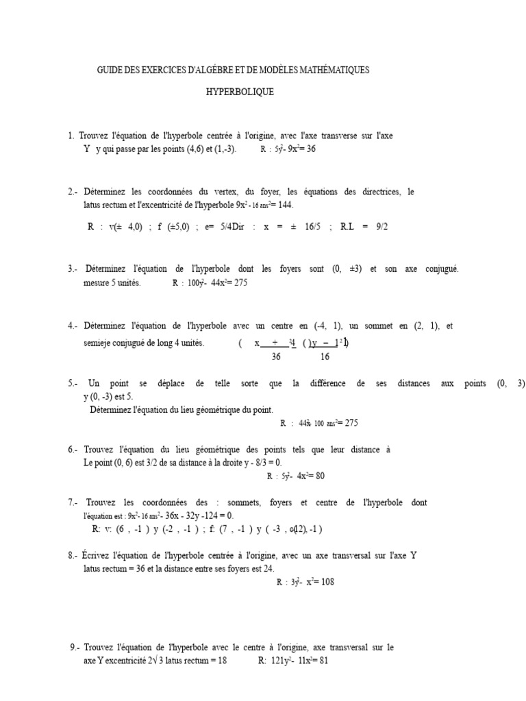 Exercices sur les hyperboles mathématiques | PDF