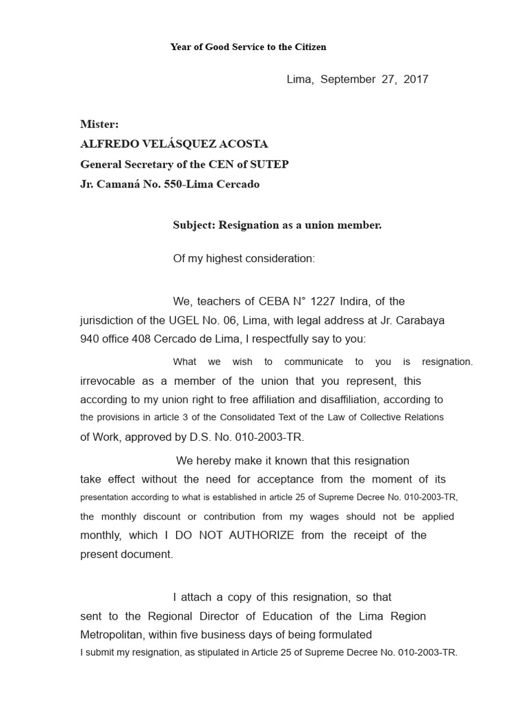Union Membership Resignation Notice | PDF