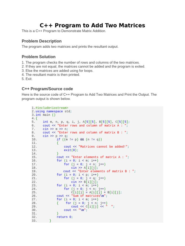 Addition Subtraction | PDF | Matrix (Mathematics) | C++