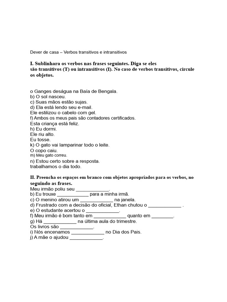 Verbos Transitivos e Intransitivos: Exercícios | PDF