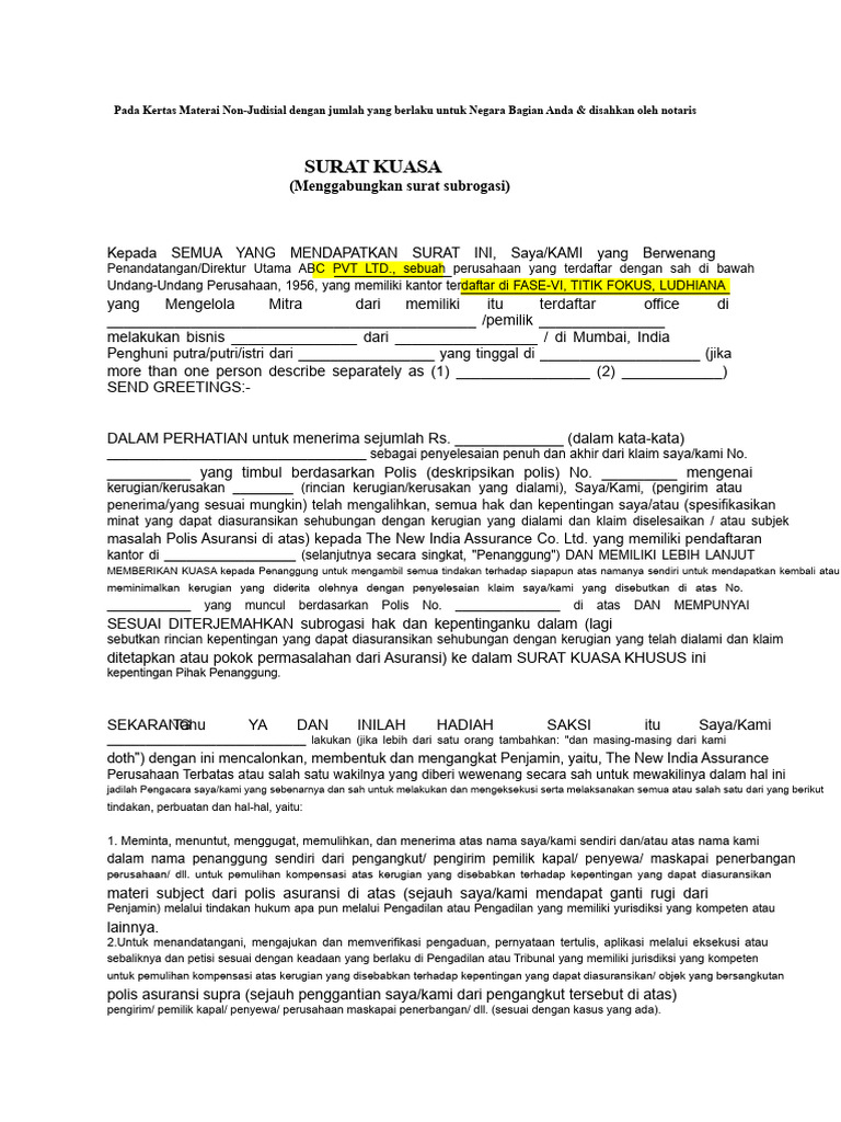 Surat Kuasa Subrogasi Asuransi ABC PVT. LTD. | PDF