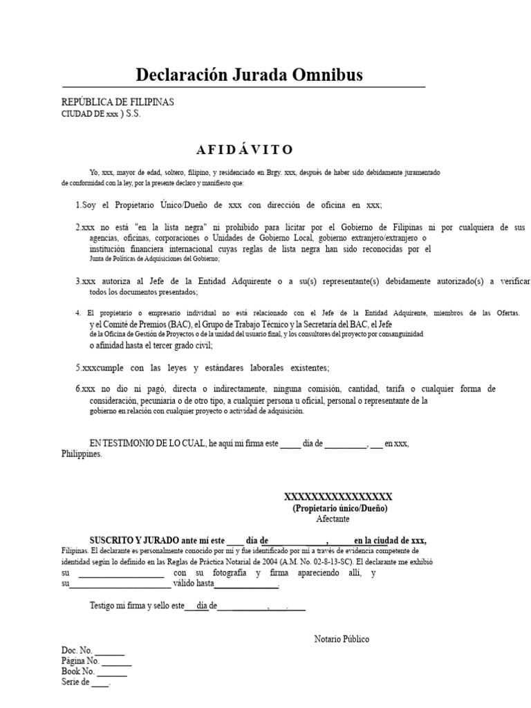 Declaración Jurada Omnibus en Filipinas | PDF