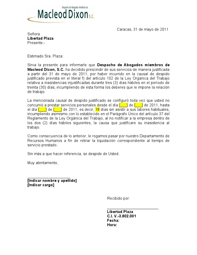 Carta de Despido Justificado