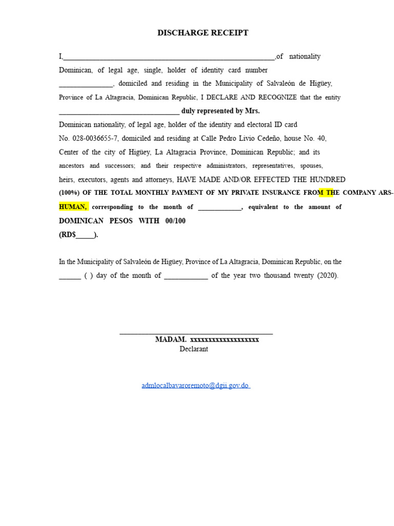 Discharge Receipt for Insurance Payment | PDF