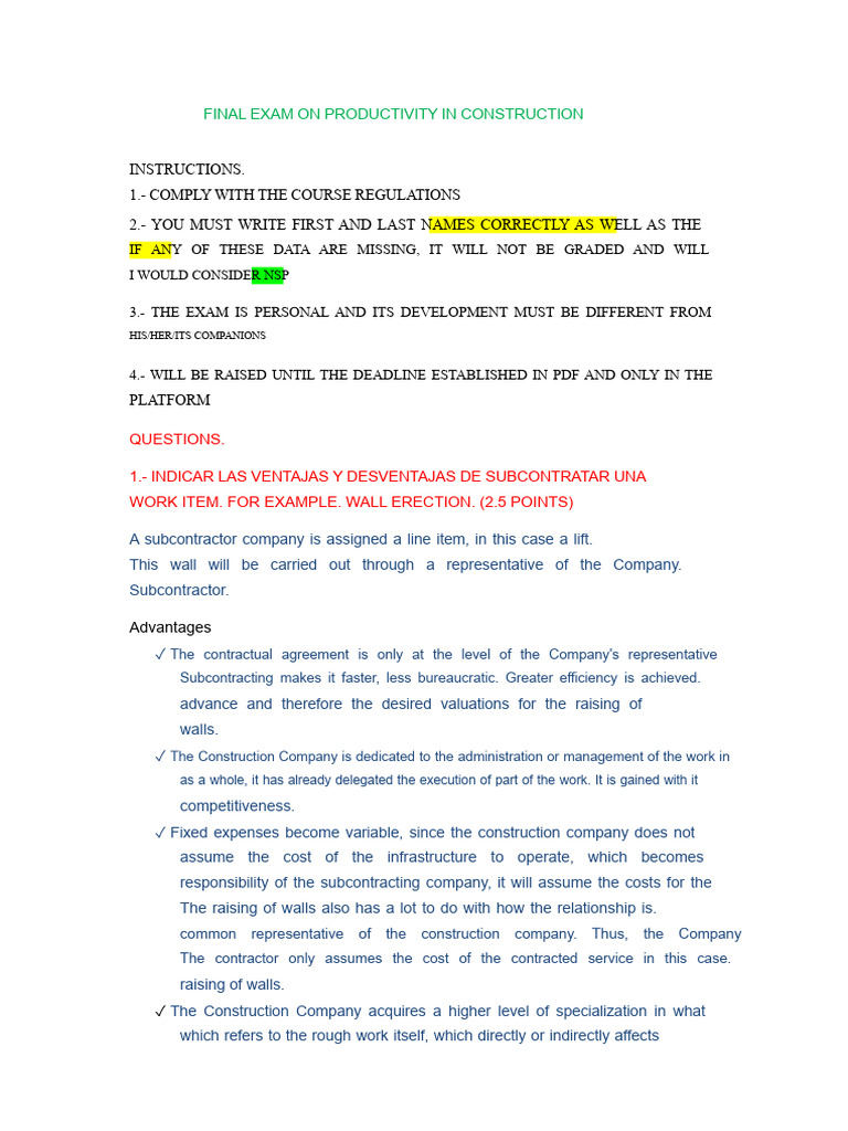 Productivity Exam in Construction | PDF | Subcontractor | Sand